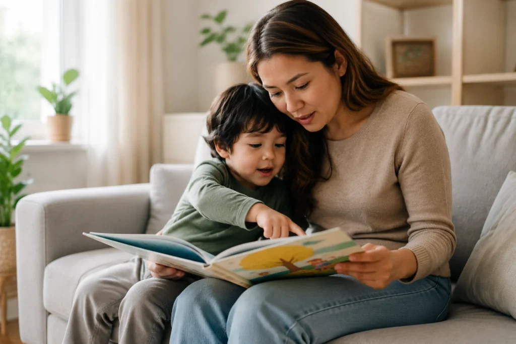 Child reading a picture book with an adult