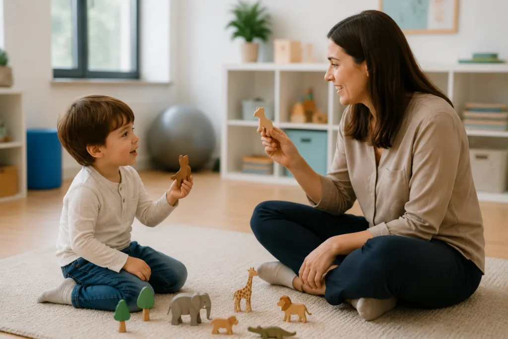 Child playing with a speech therapist