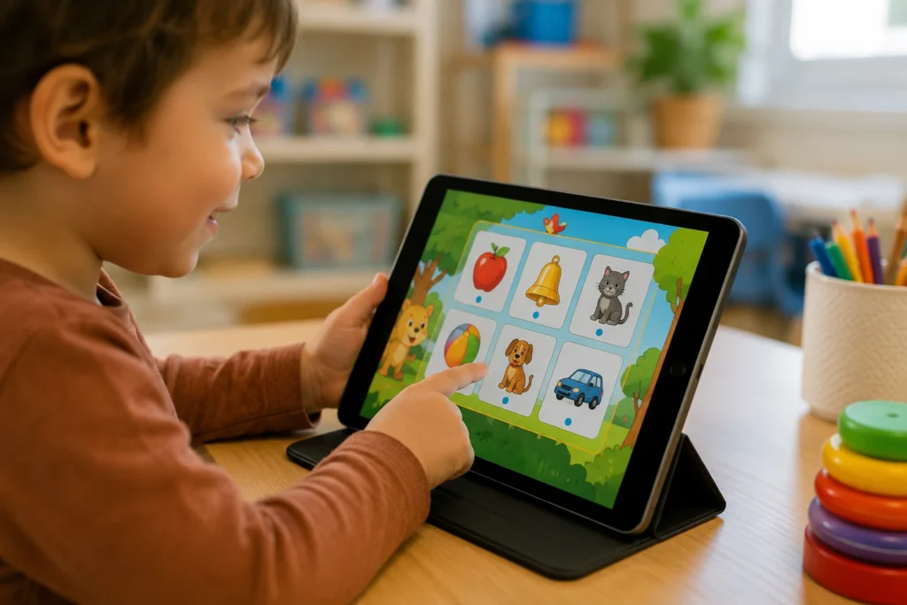 Child playing a speech therapy game