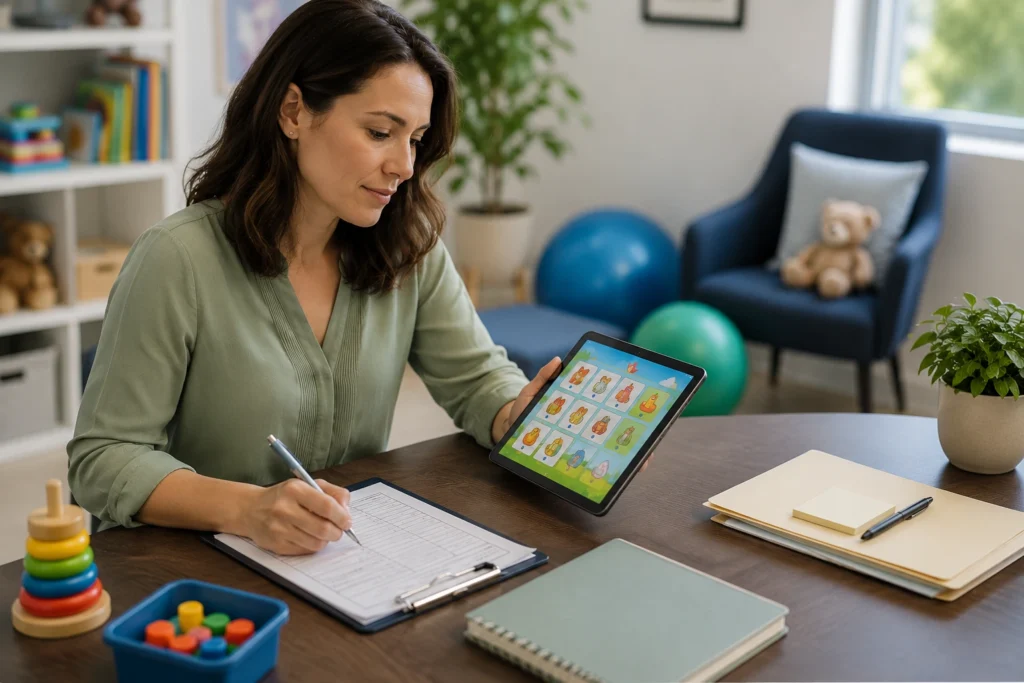 Therapist evaluating a speech therapy app