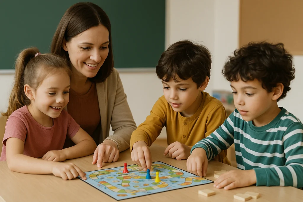 Teacher guiding kids in cooperative board game 