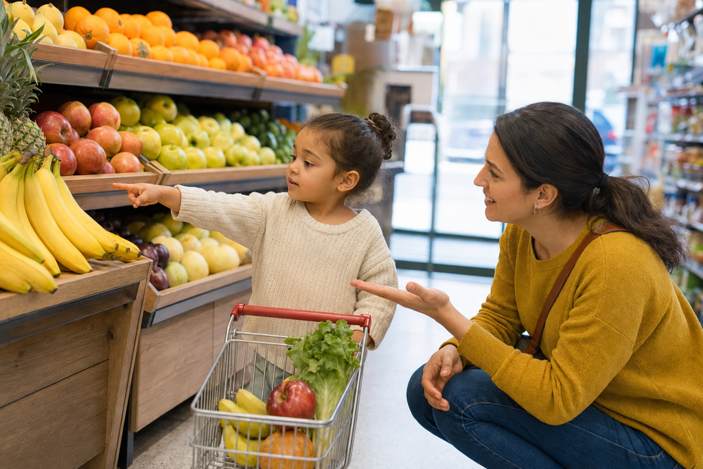 Parent supports language development during grocery shopping