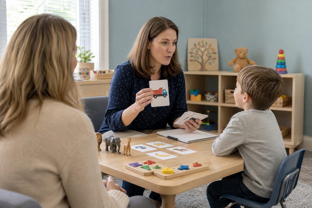 Speech therapist evaluates a child’s speech development