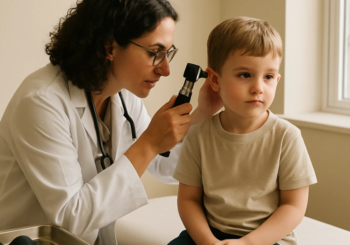 Pediatrician in a clinic room examining a young child's ear