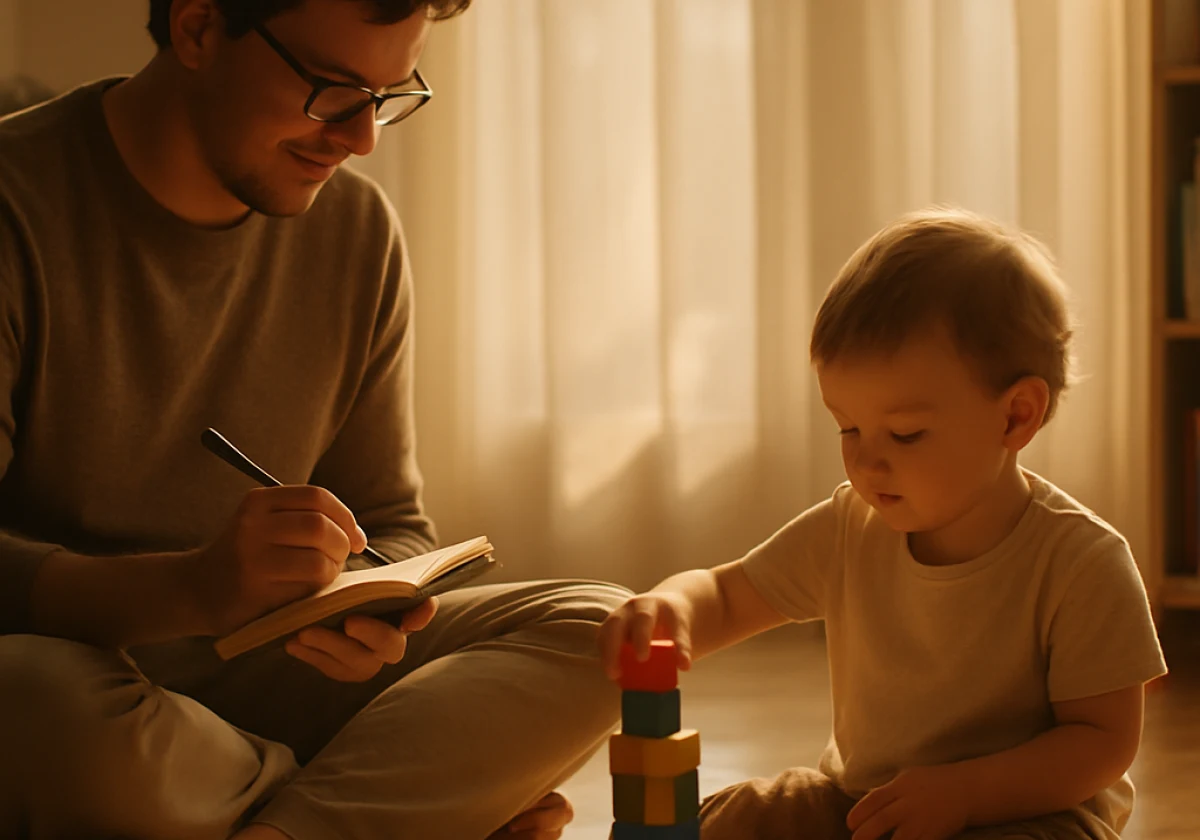 Parent sitting on a living room floor next to a toddler playing