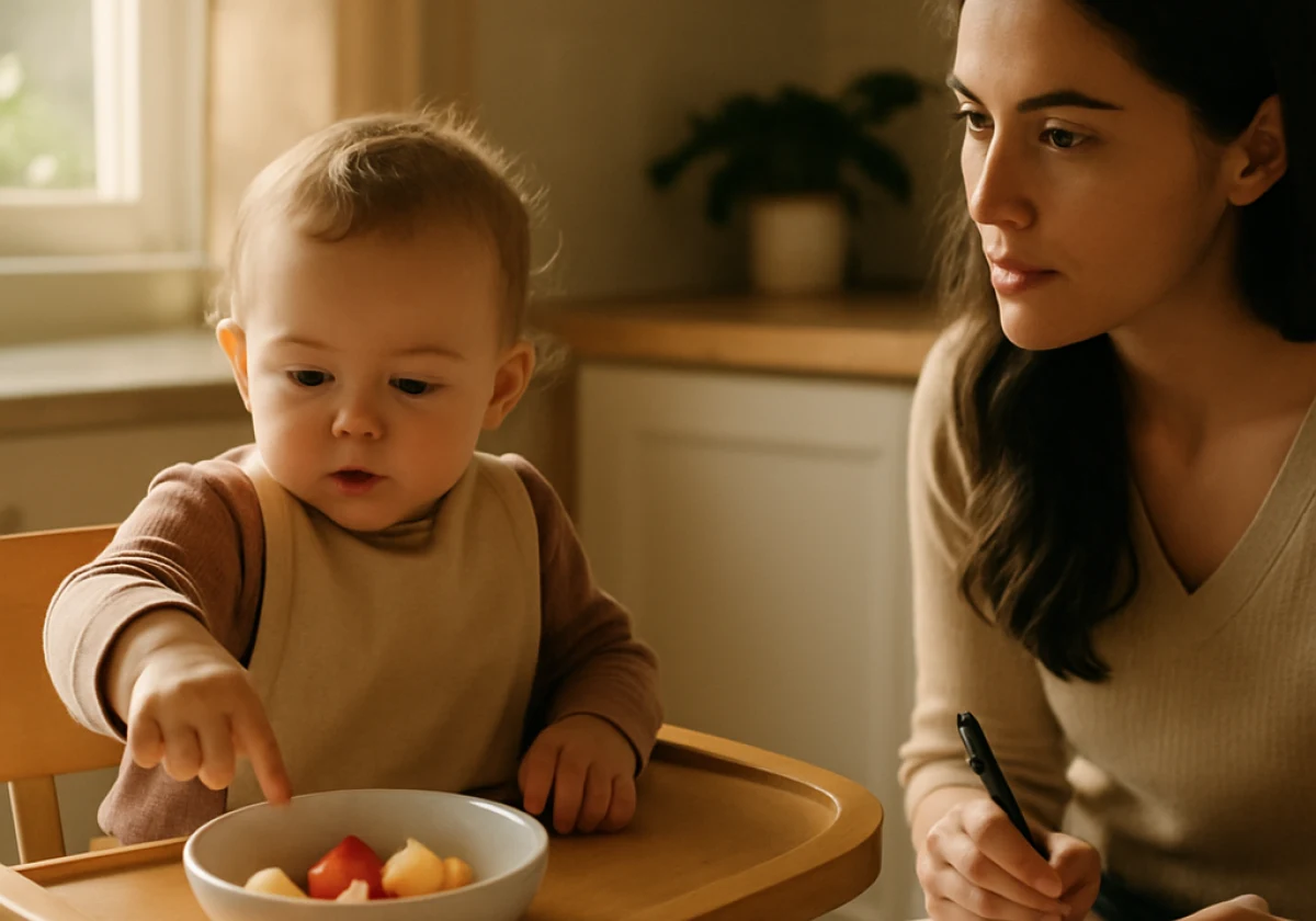 Toddler sitting in a wooden high chair during mealtime